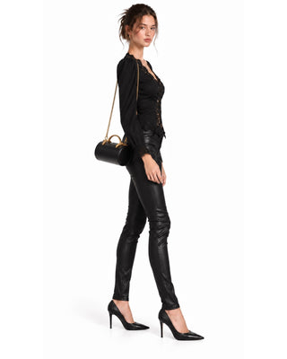 Lucia Long Sleeved Lace Trim Blouse in black, full-length side view with a black barrel bag