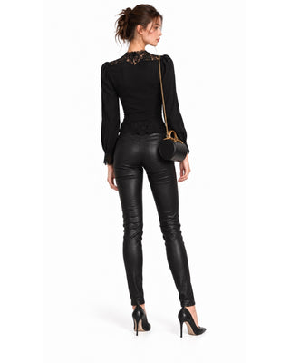 Lucia Long Sleeved Lace Trim Blouse in black, full-length back view with lace at the shoulders