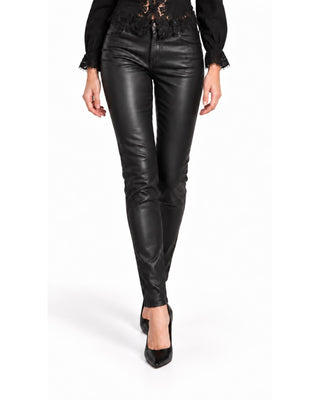 Greta Vegan Leather Coated Jeans in black, front view with skinny fit and glossy finish