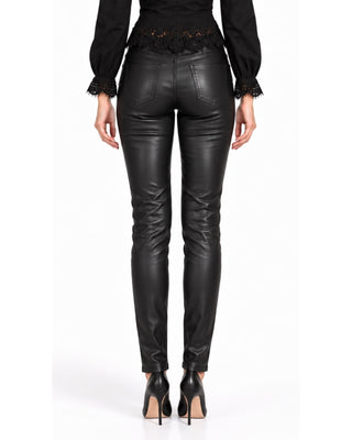 Greta Vegan Leather Coated Jeans in black, back view with back pockets and close fit