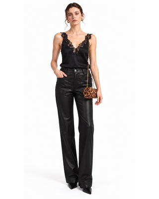 Pricilla Lace Trimmed Satin Top with Genesis Modernist Pocket Leather Pants in black, full-length front view