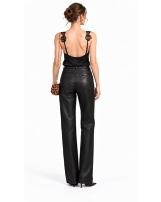 Genesis Modernist Pocket Leather Pants in black, full-length back view with an open-back lace cami