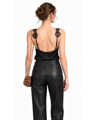 Pricilla Lace Trimmed Satin Top in black, back view with low scoop back and lace straps