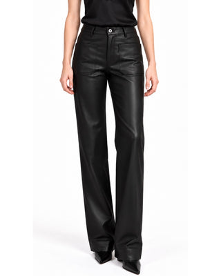 Genesis Modernist Pocket Leather Pants in black, front view with patch front pockets and straight leg