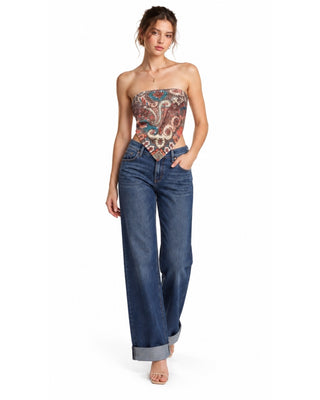 Evelyn Sequin Paisley Silk Top worn strapless with Liz Wide Leg Cuffed Hem Jeans in dark denim, full-length front view