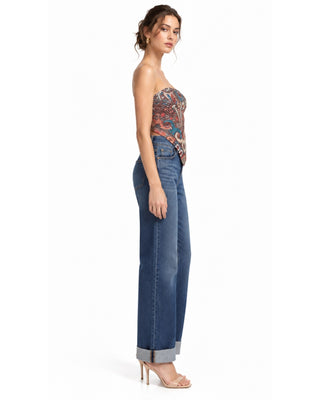Evelyn Sequin Paisley Silk Top in multi, full-length side view with cuffed jeans and nude heels