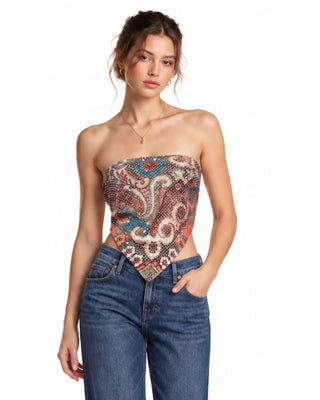 Evelyn Sequin Paisley Silk Top in multi, front view worn strapless with pointed hem