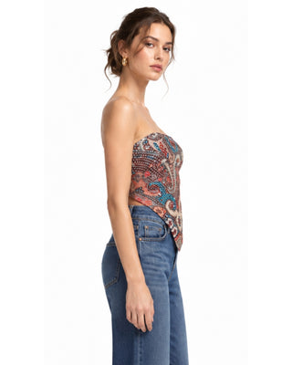 Evelyn Sequin Paisley Silk Top in multi, side view of the strapless style with sequin-dotted paisley