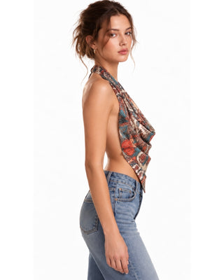 Evelyn Sequin Paisley Silk Top in multi, side view of the halter style with open back