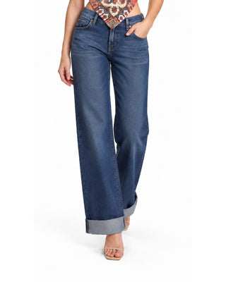 Liz Wide Leg Cuffed Hem Jeans in dark denim, front view with wide legs and turned-up cuffs