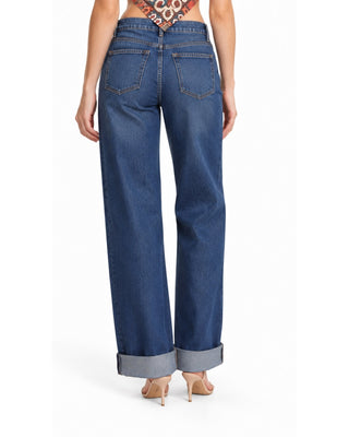 Liz Wide Leg Cuffed Hem Jeans in dark denim, back view with patch pockets and faded wash