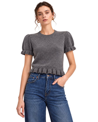 Ruffle Sweater in charcoal, front view with crew neck and ruffle-trim sleeves