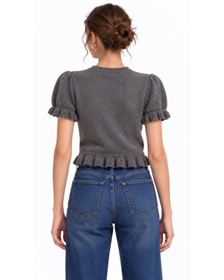 Ruffle Sweater in charcoal, back view with ruffled hem above high-waist jeans