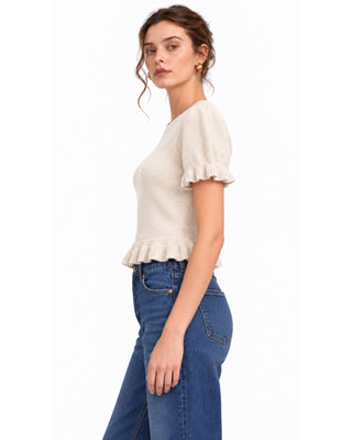 Ruffle Sweater in cream, side view with ruffle-trim short sleeve