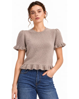 Ruffle Sweater in taupe, front view with puff sleeves and ruffled cuffs