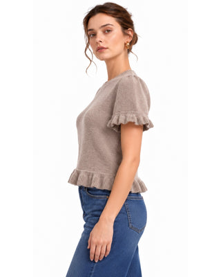Ruffle Sweater in taupe, side view with cropped ruffled hem