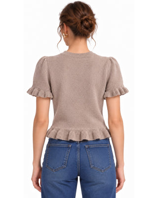 Ruffle Sweater in taupe, back view with ruffle-trim sleeves and hem
