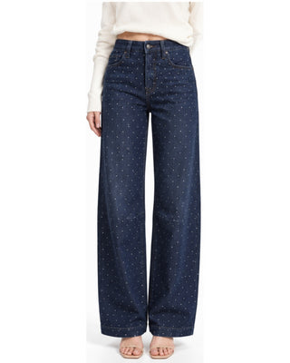 Rhinestone High Rise Barrel Denim in dark denim, front view with scattered rhinestones and high waist