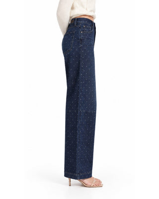 Rhinestone High Rise Barrel Denim in dark denim, side view with curved barrel leg and knee seam