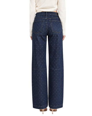 Rhinestone High Rise Barrel Denim in dark denim, back view with patch pockets and rhinestones throughout