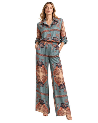 Emmy Paisley Print Button Down Blouse and Wide Leg Pants in multi, full-length front view as a matching set