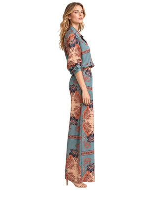 Emmy Paisley Print Button Down Blouse and Wide Leg Pants in multi, full-length side view with nude heels