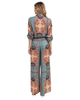 Emmy Paisley Print Button Down Blouse and Wide Leg Pants in multi, full-length back view of the set