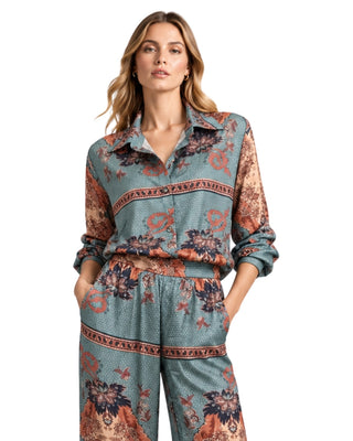 Emmy Paisley Print Button Down Blouse in multi, front view with teal and rust paisley and rolled cuffs