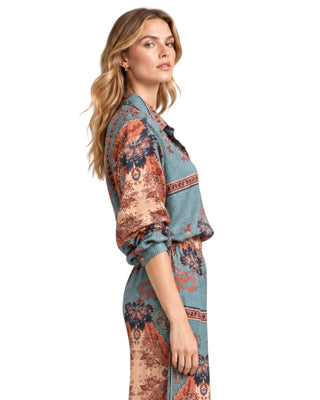 Emmy Paisley Print Button Down Blouse in multi, side view with large rust medallion print on the sleeve