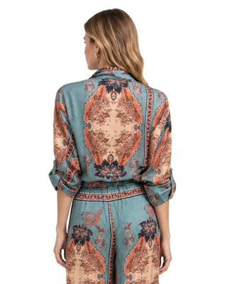 Emmy Paisley Print Button Down Blouse in multi, back view with mirrored paisley medallion