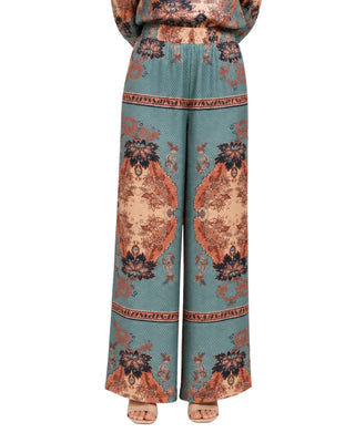 Emmy Paisley Print Wide Leg Pants in multi, front view with elastic waist and border-print legs