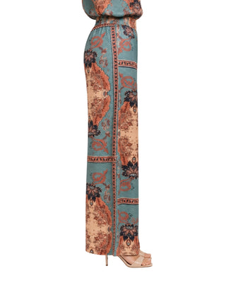 Emmy Paisley Print Wide Leg Pants in multi, side view with striped side panel and full-length leg