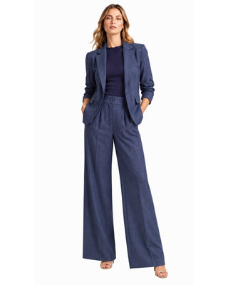 Lauren Denim Blazer and Lauren Denim Wide Leg Pants in blue denim, full-length front view worn as a suit