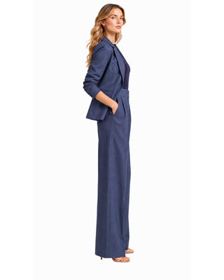 Lauren Denim Blazer in blue denim, full-length side view with hands in pockets and nude heels