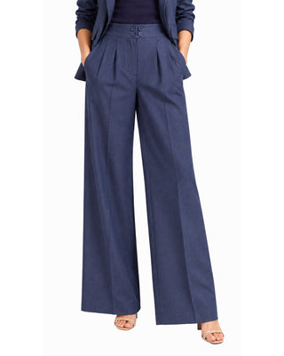 Lauren Denim Wide Leg Pants in blue denim, front view with double-button waistband and front pleats