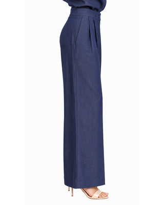 Lauren Denim Wide Leg Pants in blue denim, side view with high waist and full-length leg over heels