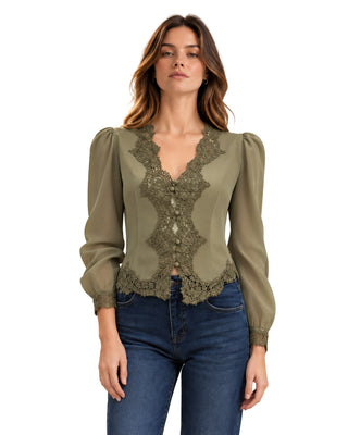 Lucia Long Sleeved Lace Trim Blouse in olive, front view with tonal lace panels and button front