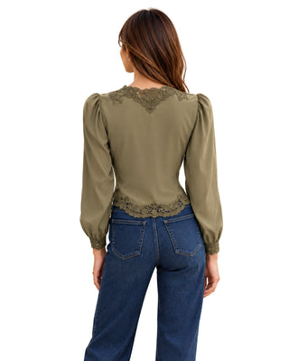 Lucia Long Sleeved Lace Trim Blouse in olive, back view with lace yoke and lace cuffs
