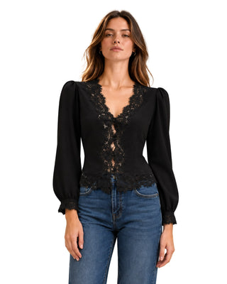 Lucia Long Sleeved Lace Trim Blouse in black, front view with lace V-neckline and lace down the front