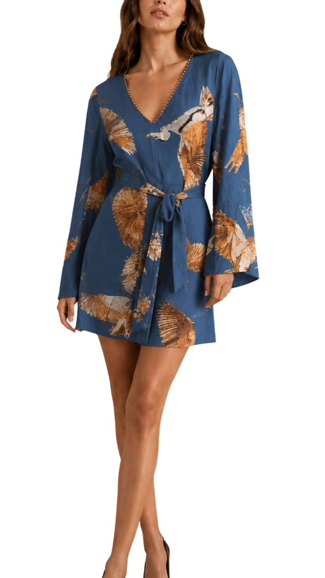 The Francesca Crane Print Beaded V-Neck Dress - pookie and sebastian