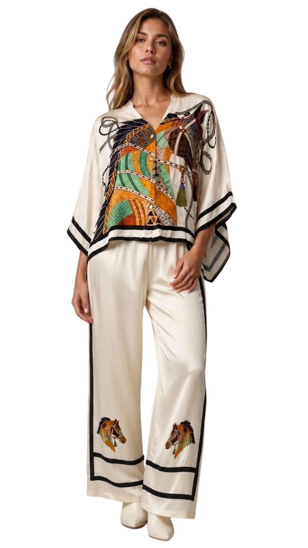 The Irine Equestrian Print Satin Pants & Silky Cardigan Set