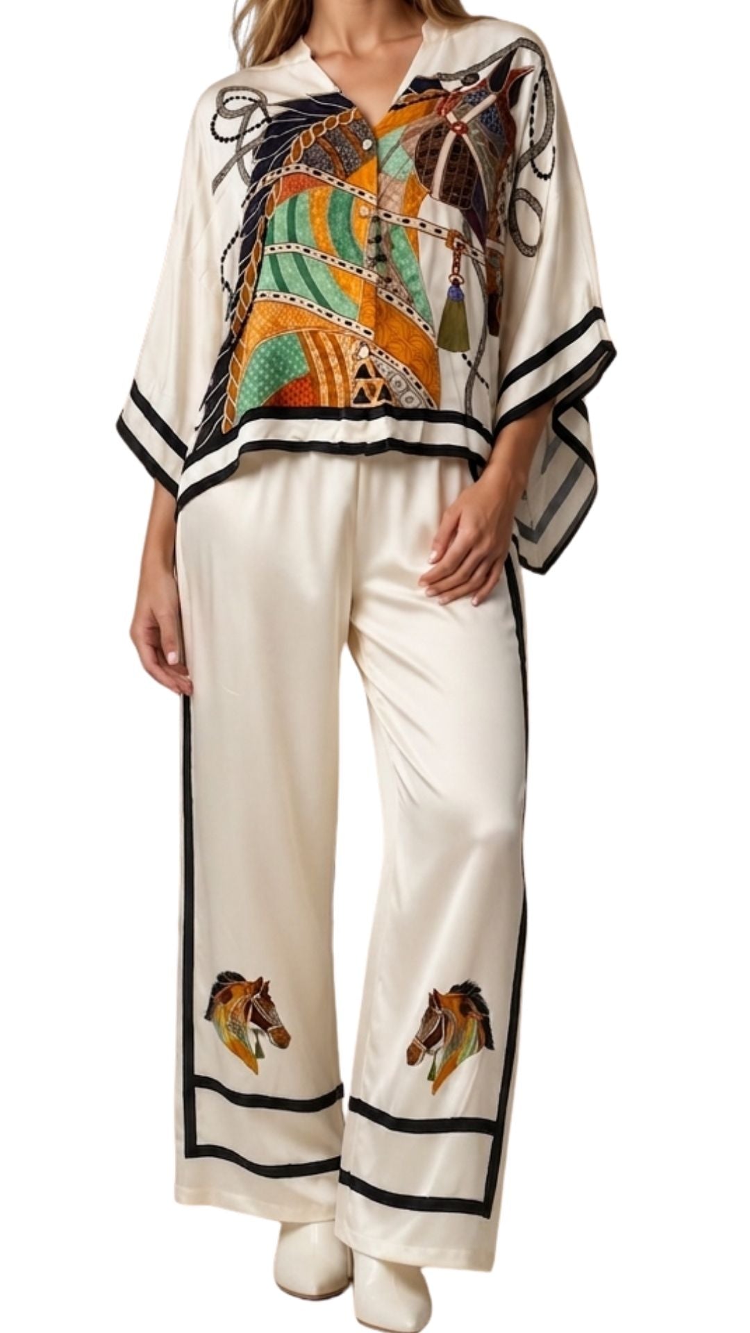 The Irine Equestrian Print Satin Pants & Silky Cardigan Set