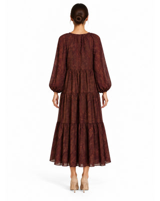 Mirabel Burgundy Paisley Maxi Dress, back view with gathered yoke and tonal paisley print