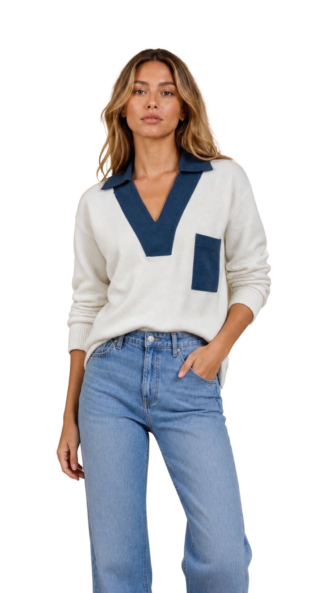 The Nicole Denim-Trim Knit Polo Sweater