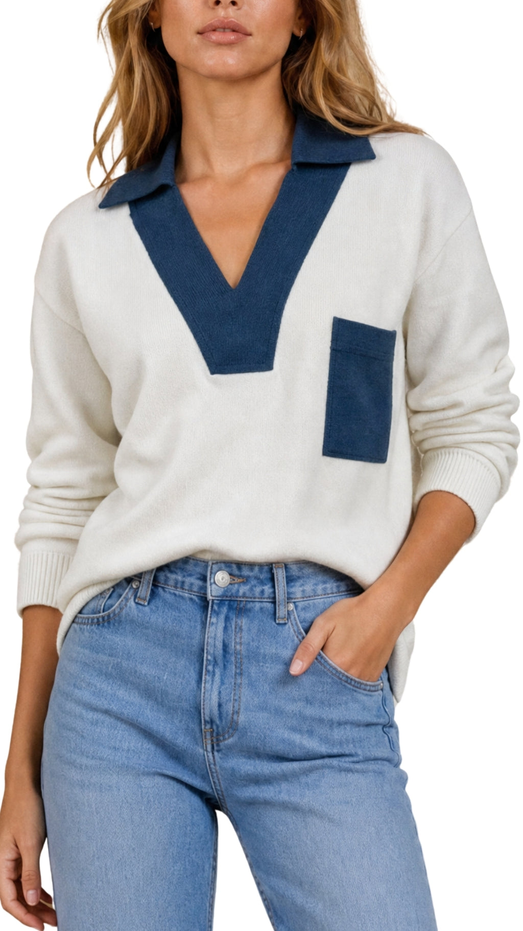 The Nicole Denim-Trim Knit Polo Sweater