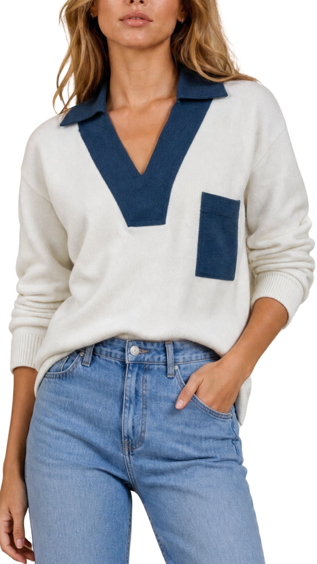 The Nicole Denim-Trim Knit Polo Sweater