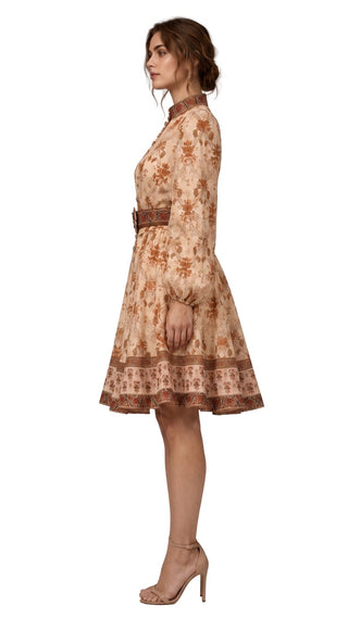 Penelope Floral Button-Front Dress in tan and rust floral, side view showing gathered sleeve and flared knee-length skirt