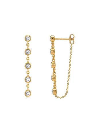 Aria Gold Hoop Chain Earrings, product view of gold drop earrings with five crystals and a looping chain
