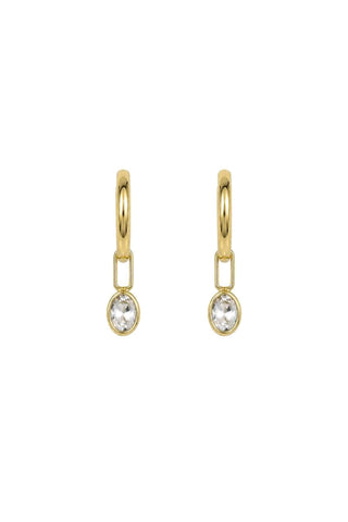 Giselle Gold Hoop Earrings, pair with an oval crystal charm hanging from each hoop