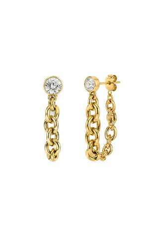 Katie Gold Chain Drop Earrings, gold chain links hanging from a clear crystal stud, front and side view